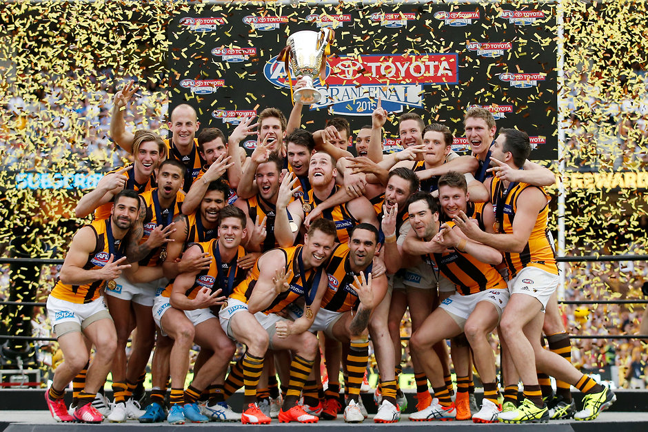 2015 Toyota AFL Grand Final - Hawthorn v West Coast MELBOURNE, AUSTRALIA - OCTOBER 3: Hawthorn players celebrate winning the 2015 Toyota AFL Grand Final match between the Hawthorn Hawks and the West Coast Eagles at the Melbourne Cricket Ground, Melbourne, Australia on October 3, 2015. (Photo by Darrian Traynor/AFL Media)